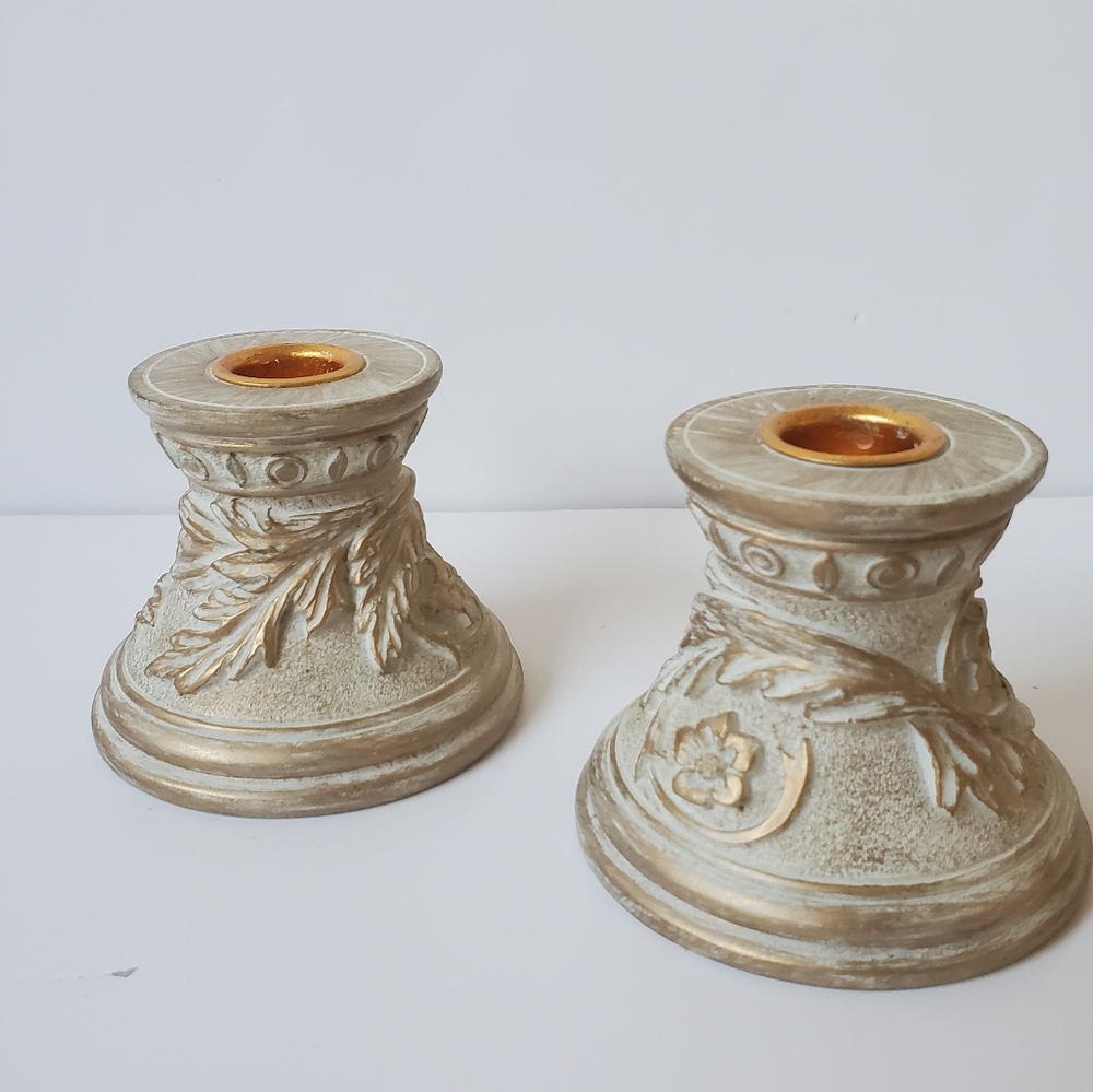 Elegant Antiqued Style Candle Holders Cream Colour w/ Gold Accents Old World